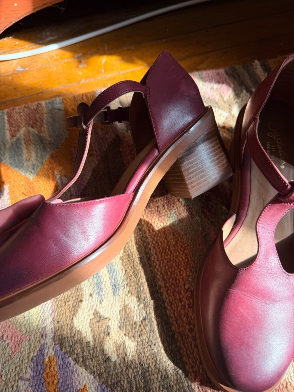 Seychelles T-Strap Low Block Heel in Burgundy - Picture 3 of 7